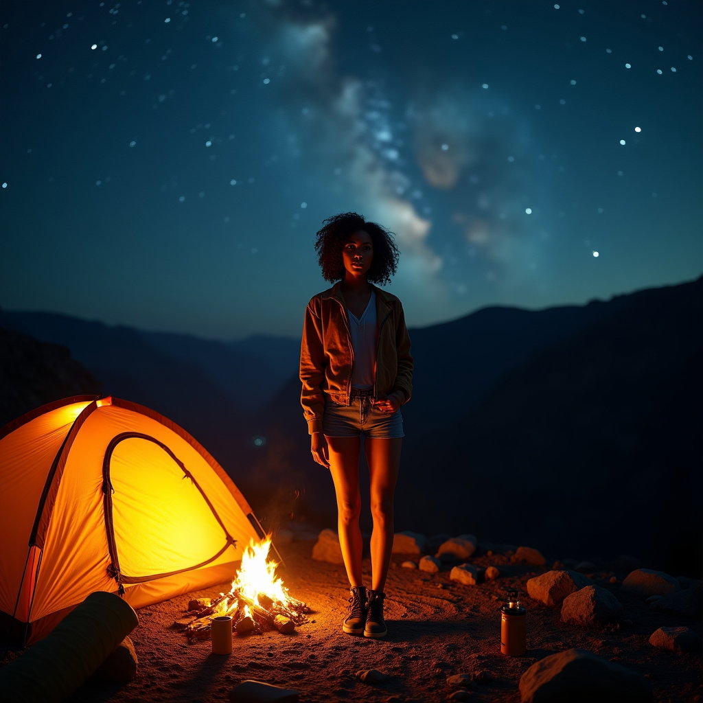 AI-generated photo: Photorealistic night portrait photography. A person stands between a glowing campfire and an illumin...