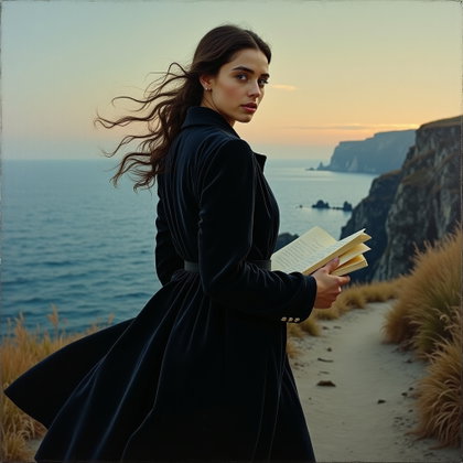 Velvet Coat Byronic Poet Portrait at Dusk example: Romantic-era oil painting. Motion portrait of the subject walking along a cliff path at dusk, velvet coat lifting slight