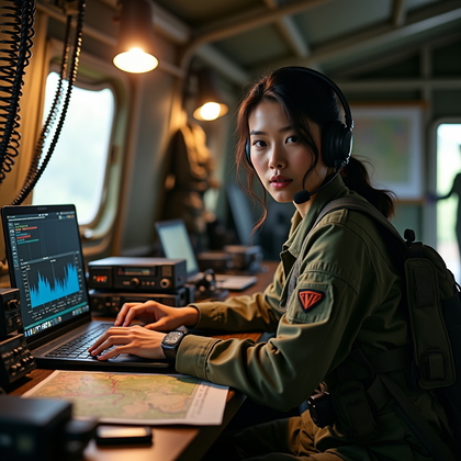 AI-generated photo: Photorealistic military communications specialist in a tactical operations tent, seated at a rugged ...