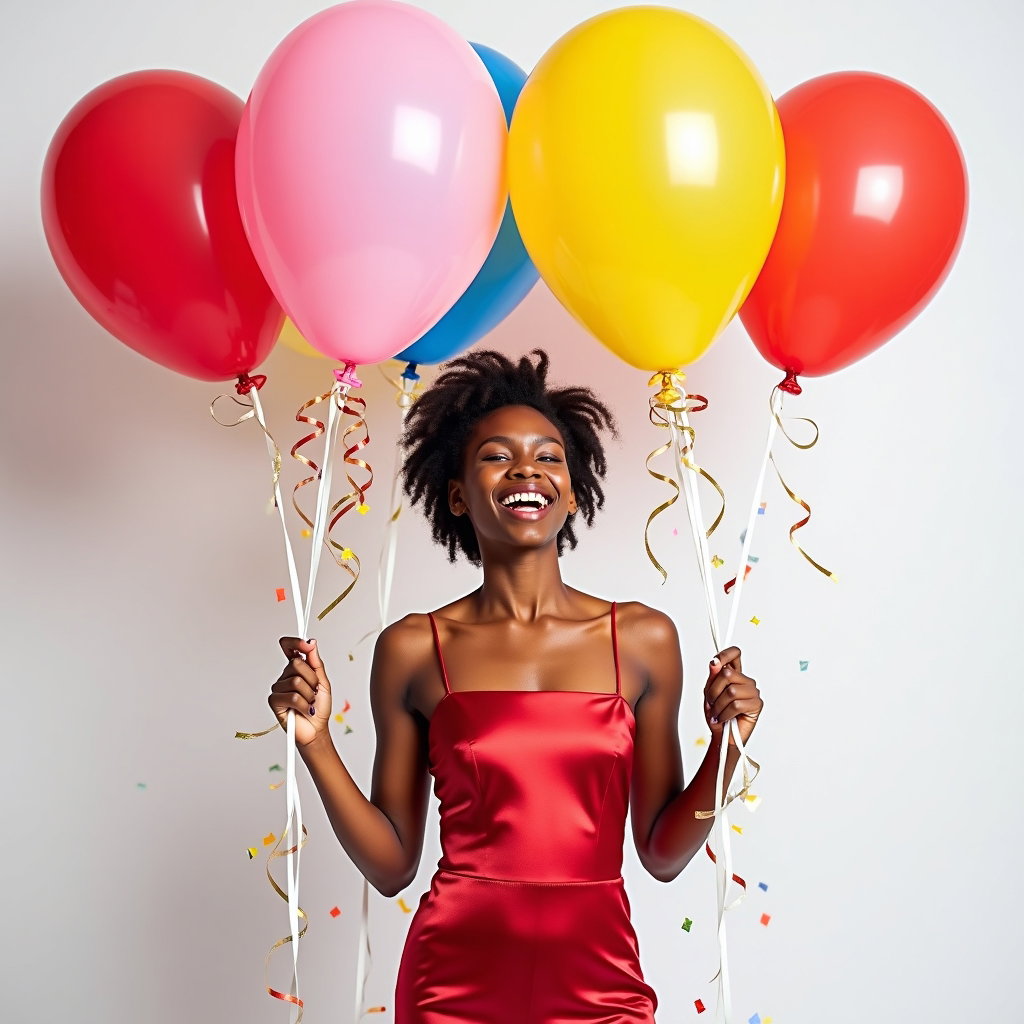 Playful Birthday Confetti and Balloon Portraits example: Photorealistic half-body studio portrait photography. The subject stands centered in front of oversized floating balloon