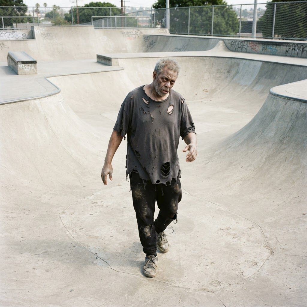 Daylight Zombie in Torn Streetwear: A lone zombie at the bottom of an empty concrete skatepark ramp, shown head to toe from a modest high angle.