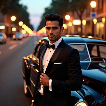 AI-generated photo: Photorealistic wedding portrait photo beside a classic black car parked curbside at twilight, the su...