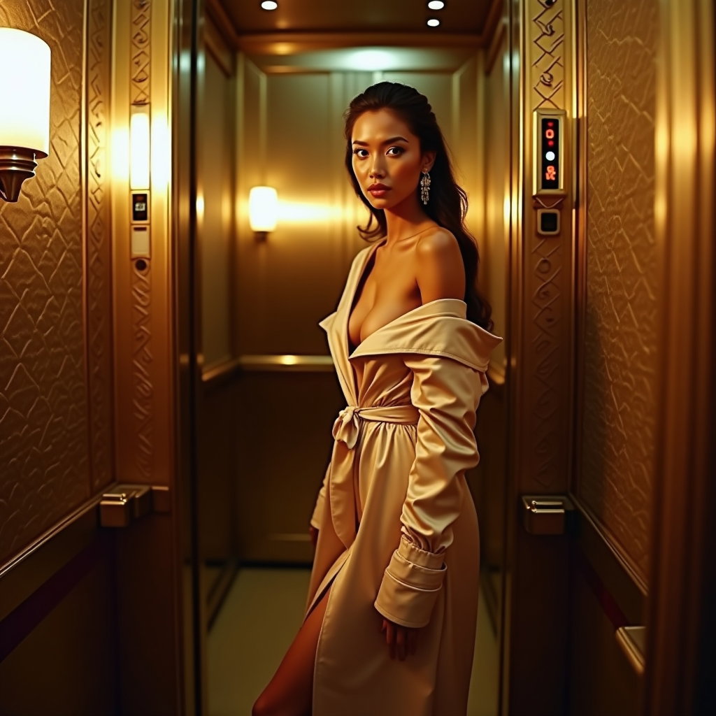 AI-generated photo: Photorealistic 1970s hotel-elevator photograph in a brass-and-mirror cab with geometric etched panel...