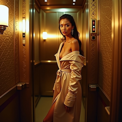 AI-generated photo: Photorealistic 1970s hotel-elevator photograph in a brass-and-mirror cab with geometric etched panel...