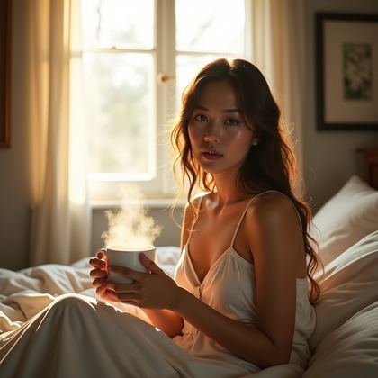 AI-generated photo: Photorealistic lifestyle photography of a cozy bedroom scene: the subject sits upright in rumpled li...