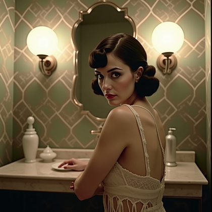 AI-generated photo: 1920s bromide print speakeasy portrait photograph: inside the powder room, posed before a scalloped ...