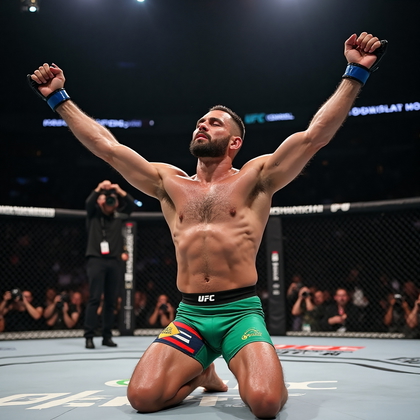 AI-generated photo: Photorealistic professional photography capturing a UFC fighter kneeling on the mat of the octagon w...