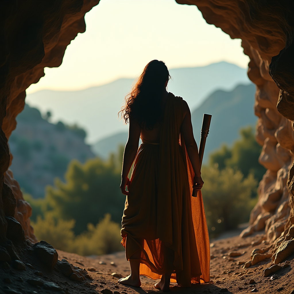 Solo Hercules Lion-Cloak Power Portrait example: Cinematic mythological environmental portrait photography. The lone hero stands at the mouth of a Nemean cave overlookin