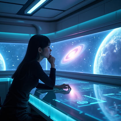 AI-generated photo: Photorealistic cinematic space lab scene. The person sits at a transparent console in a high-tech sp...