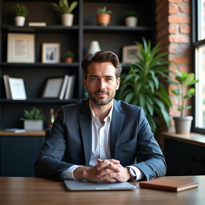 Executive headshot photo in an industrial loft office with exposed brick, matte-black shelving, and streamlined plants and accolades arranged neatly. Seated at a modern desk with a closed laptop and leather notebook as understated props, shoulders slightly turned, hands gently resting on the desk surface, eyes to camera with a composed, capable expression and face clearly visible. Soft lateral window light shaped with negative fill on the far side and a delicate edge light from behind create dimensionality; waist-up composition with vertical leading lines drawing attention to the face, refined editorial color grading for a boardroom-ready look.