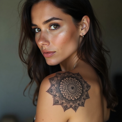 AI-generated photo: Photorealistic photography of a woman showcasing a bold geometric tattoo on her shoulder blade, comp...