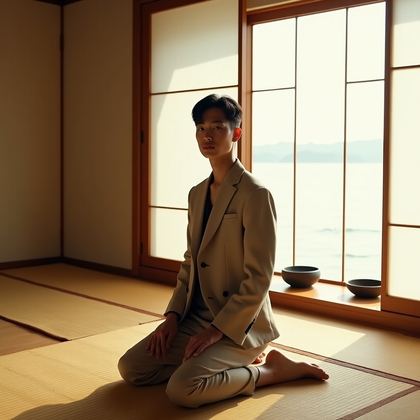 AI-generated photo: Fashion portrait photography, a zen-inspired fashion portrait inside a minimalist tea house with sho...