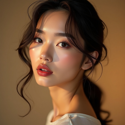 AI-generated photo: Photorealistic editorial beauty portrait photography, three-quarter close-up of a face turned slight...