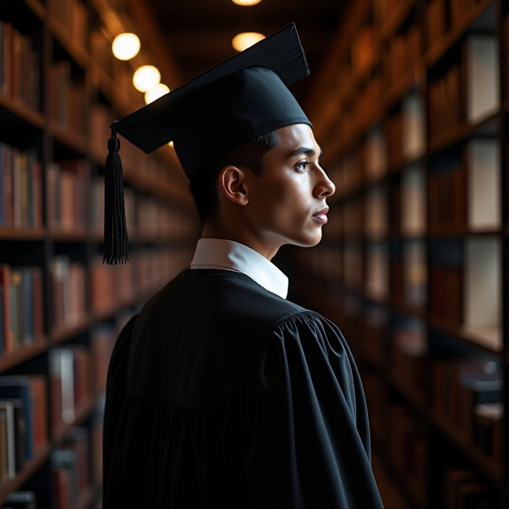 AI-generated photo: Professional portrait photography, a dramatic indoor graduation portrait set in a moody library corr...