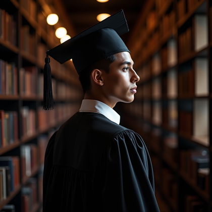 AI-generated photo: Professional portrait photography, a dramatic indoor graduation portrait set in a moody library corr...