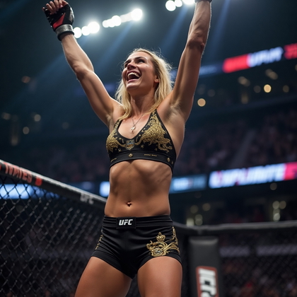 AI-generated photo: Photorealistic professional photography capturing a UFC fighter in mid-celebration, perched on the o...