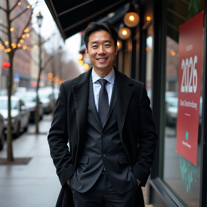 AI-generated photo: Professional headshot: Street-level outside a headquarters entry, the subject stands upright in a ta...