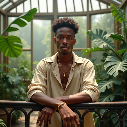 Photorealistic lifestyle portrait in a glasshouse conservatory surrounded by lush monstera, palms, and ferns, late-morning sun filtered through ribbed panes casting botanical shadows while the subject leans lightly on a wrought-iron rail, shoulders relaxed, direct inviting gaze, and face unobstructed by foliage. Breezy earth-toned resort layers and delicate accessories pair with dewy ambient mist for a fresh, organic glow, with soft front fill lifting the face and gentle foliage bokeh framing the composition.