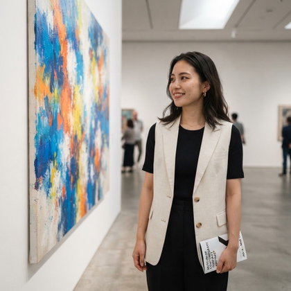 A single subject pauses in a contemporary art museum, holding a folded exhibition guide beside a large abstract canvas. A tailored cream vest over a black shirt echoes the gallery’s clean lines. Soft ceiling lights create gentle shadows; eye-level medium portrait, refined editorial photography.