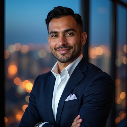AI-generated photo: Professional headshot: luxury real estate advisor persona set in a high-rise sales suite at dusk wit...