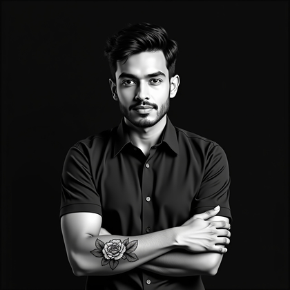 Professional headshot on a deep black velvet background for a clean, low-key corporate aesthetic, classic three-point arrangement with a soft frontal key, gentle fill, and a narrow rim from camera-left to sculpt the outline, head-and-shoulders crop with a composed, executive demeanor; attire is smart and monochrome to keep focus on expression; arms are loosely crossed at mid-chest so the inner left forearm tilts forward without blocking the face; inner-forearm tattoo is clearly visible: black-and-gray botanical composition featuring a single peony bloom (approximately 5 cm across) near the wrist with two overlapping leaves, stems extending diagonally 14 cm toward mid-forearm, line weights 0.3–0.6 mm with delicate petal contours, stipple shading from 20% to 80% density for depth, leaf veins rendered in micro-linework, edges tidy with no blowouts, the face remains the brightest element while the tattoo sits in secondary emphasis.