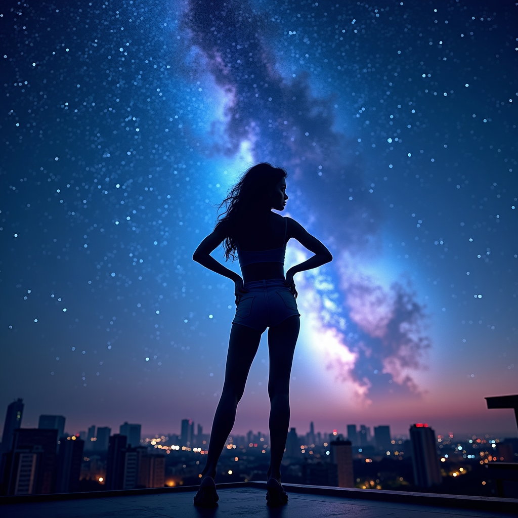 AI-generated photo: Photorealistic portrait photography, full-body hero pose on a rooftop at night with a panoramic city...