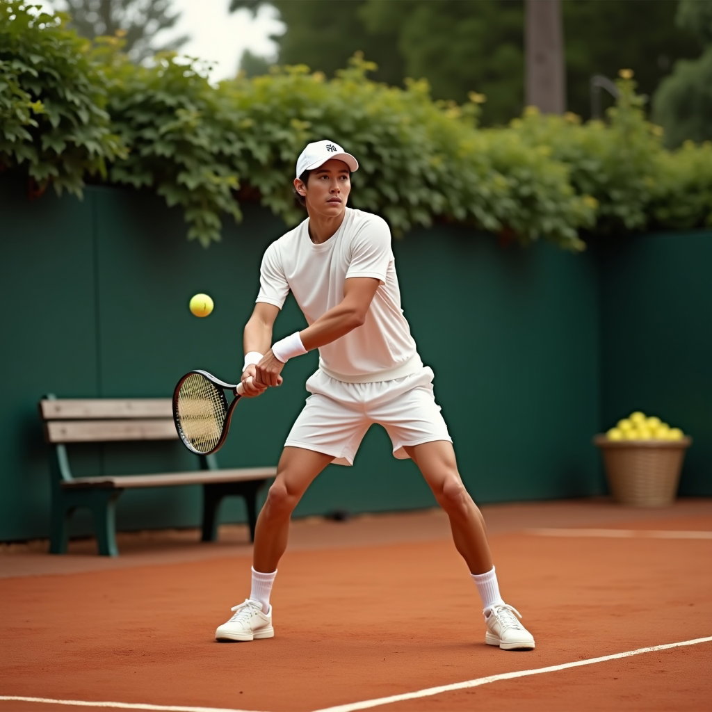 Action Serve and Backhand Tennis Portraits example: Photorealistic tenniscore portrait photography. Environmental portrait on a private tennis court with ivy-covered fencin