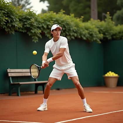 Action Serve and Backhand Tennis Portraits example: Photorealistic tenniscore portrait photography. Environmental portrait on a private tennis court with ivy-covered fencin