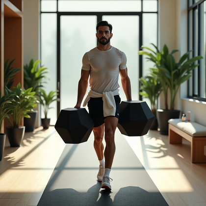 AI-generated photo: Photorealistic fitness photography of a farmer’s carry in a sun-drenched luxury residential gym with...