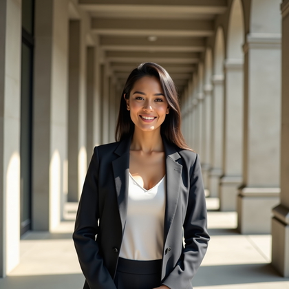 Photorealistic professional headshot photography: under a sunlit concrete colonnade of a contemporary civic building, the subject stands at a slight three-quarter angle with relaxed shoulders and hands loosely gathered at waist level, wearing a tailored blazer over a clean, open-collar top, framed chest-up with strong vertical lines receding behind, lit by soft directional daylight from the side with negative fill for contour and a subtle kicker creating a clean catchlight, yielding a crisp, modern, trustworthy look with uncluttered, neutral tones.