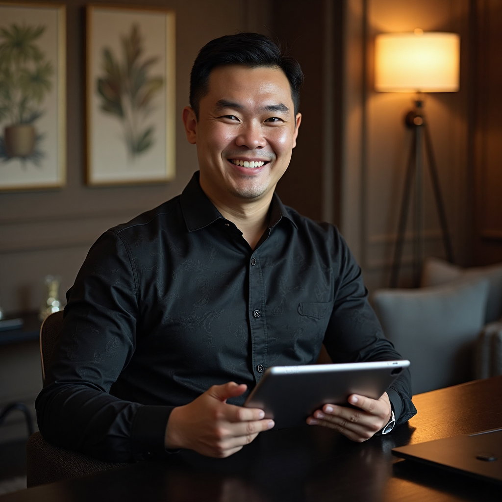AI-generated photo: Professional headshot showcasing a person in an elegant office environment, dressed in a classic bla...