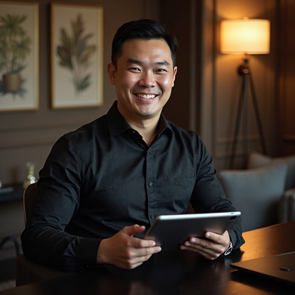 AI-generated photo: Professional headshot showcasing a person in an elegant office environment, dressed in a classic bla...