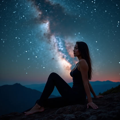 AI-generated photo: Photorealistic astro portrait photograph, horizontal composition on a remote clifftop with the subje...