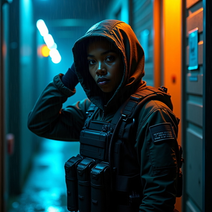 AI-generated photo: Photorealistic cinematic fashion-tactical portrait photography, special operations subject standing ...