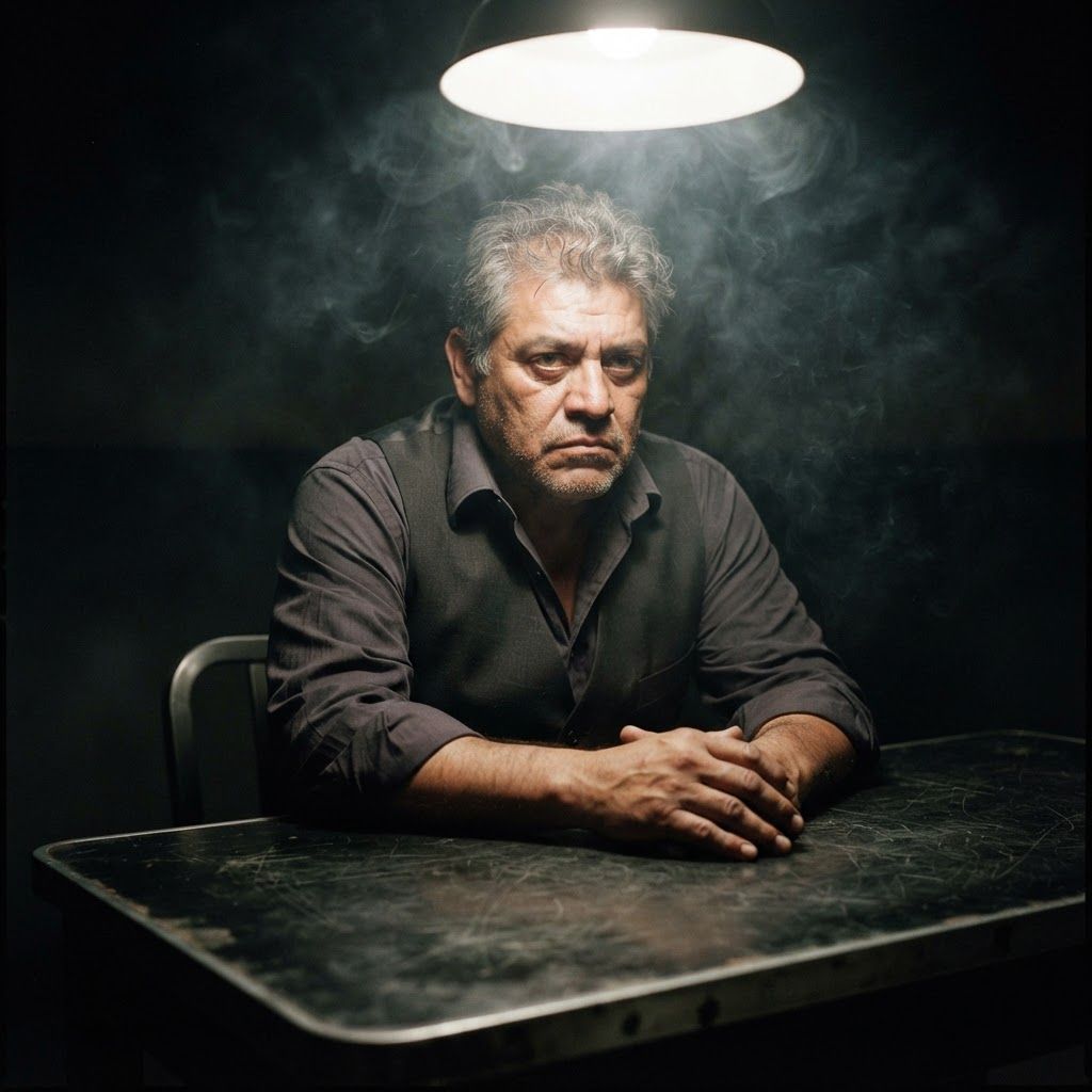 Interrogation Lamp: Low-angle portrait from across a scratched interrogation table, one visible person seated with clasped hands near the camera and elbows…