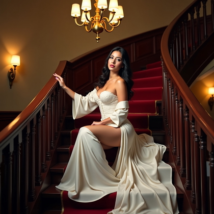 AI-generated photo: Photorealistic bridal boudoir photograph: grand curved staircase with a dark wood banister and runne...