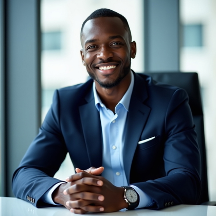 LinkedIn profile photo. Half-body business portrait with the subject seated at a modern office desk, hands lightly folded, posture upright, and a warm approachable expression directed toward the viewer. Style with a tailored suit, clean desk surface, softly blurred corporate background, natural window light mixed with gentle fill lighting, and a professional blue-gray color mood.