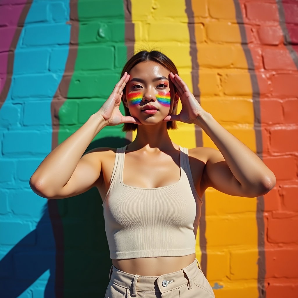 Close-Up Pride Makeup and Face Paint Portraits example: Photorealistic full-body portrait photography. Full-body composition in front of a vibrant Pride mural, with the subject