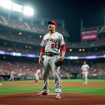 AI-generated photo: Photorealistic professional baseball photography of the ninth-inning finale: the closer stands squar...