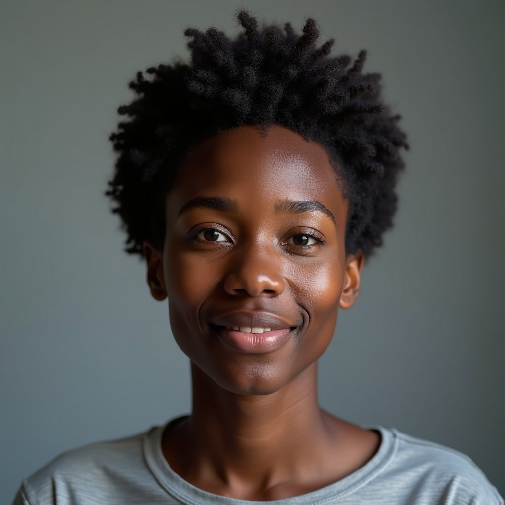 AI-generated photo: Photorealistic studio portrait photo, mid-torso framing, body angled slightly but face turned direct...