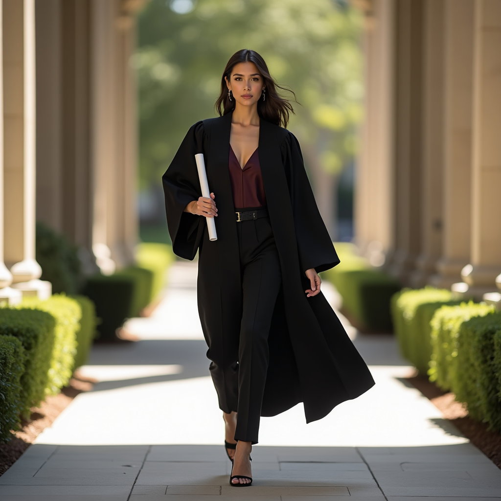 AI-generated photo: Fashion editorial photography, a forward-moving graduation shot set along a stylish campus walkway l...