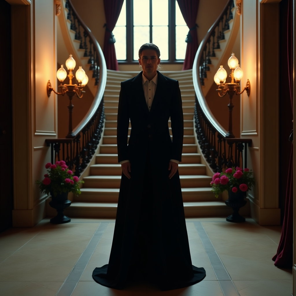 Regal Staircase Vampire Romance Portrait example: Cinematic gothic portrait photography. Environmental portrait in a grand manor foyer with the staircase curving behind,