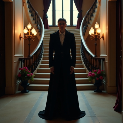 Regal Staircase Vampire Romance Portrait example: Cinematic gothic portrait photography. Environmental portrait in a grand manor foyer with the staircase curving behind,