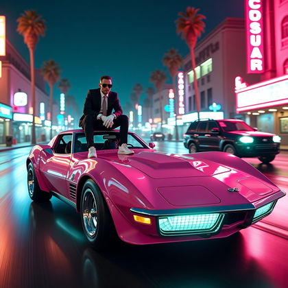 AI-generated photo: Overview A high-energy, stylized nighttime street scene shows a retro supercar racing through a neon...