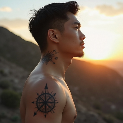 AI-generated photo: Photorealistic photography focusing on the sleek elegance of minimalist tattoo art on a 29-year-old ...