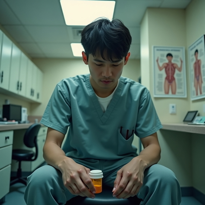 AI-generated photo: Photorealistic prison close-up portrait shot in the medical evaluation area, the person seated on a ...