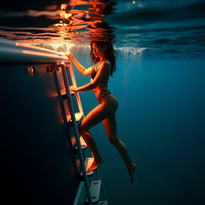 AI-generated photo: Photorealistic underwater portrait photography, a dramatic vertical composition in the ocean at twil...