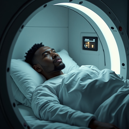 AI-generated photo: Cinematic photorealistic portrait photography, a lone astronaut reclines against the wall of a minim...