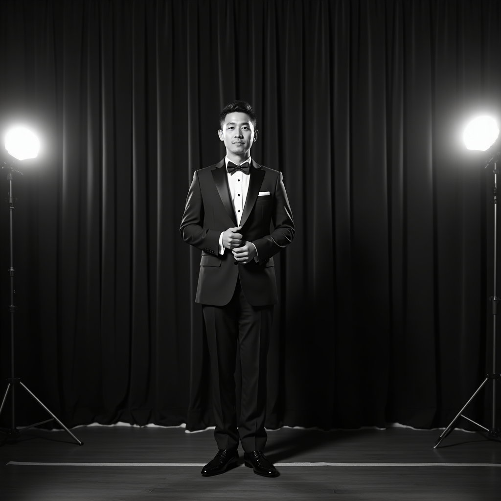AI-generated photo: Photorealistic black-and-white wedding portrait photograph — on a vintage theater stage before a hea...