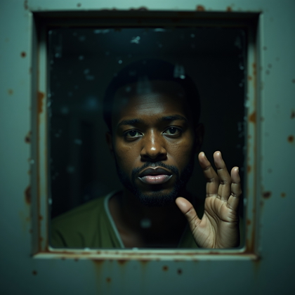 AI-generated photo: Photorealistic prison portrait photograph, close-up through a small square reinforced glass window i...